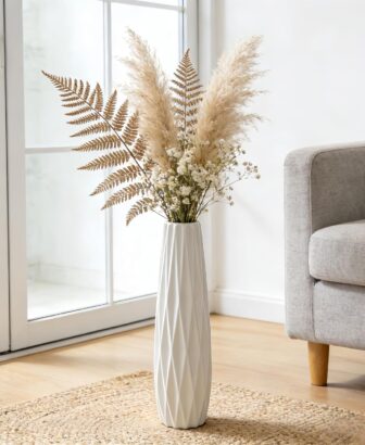 Large White Ceramic Vase, 17.7" Tall Floor Vase for Pampas Grass | Ribbed Glossy Glaze, Decorative Flower Vase for Living Room, Bedroom, Entryway, Table or Modern Home Decor