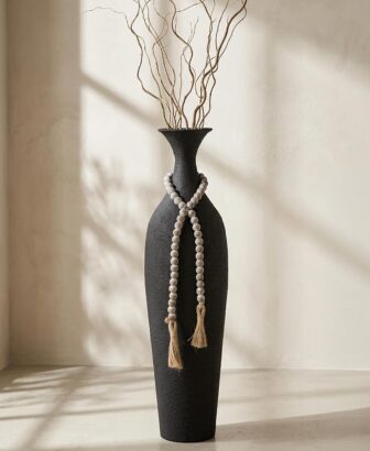 Sziqiqi Black Tall Floor Vase, Metal Floor Decor with Bead String for Home | 23.2in Slender Decorative Vase, Rustic Big Standing, Farmhouse Flower Holder for Living Room Fireplace Home Decor Corner